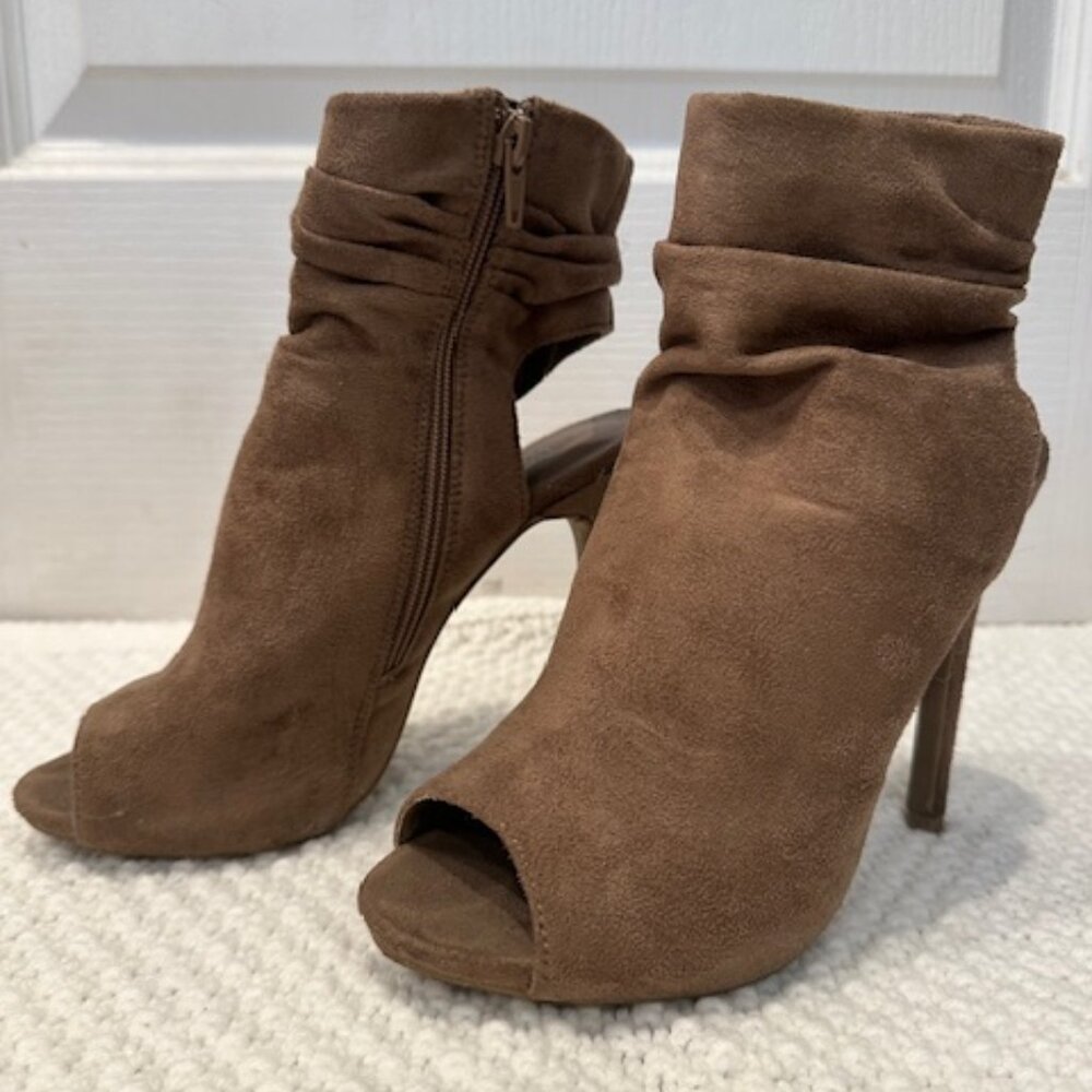 Chic Suede Peep Toe Booties – Tan Stiletto Heels | Size 7